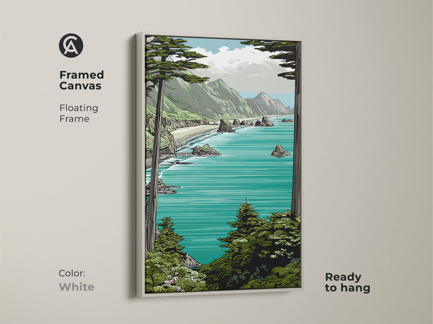 White framed canvas showcasing teal aqua green mountain landscape. This floating frame brings a coastal escape art print into your home. An ideal nautical themed decor or seaside retreat wall art.