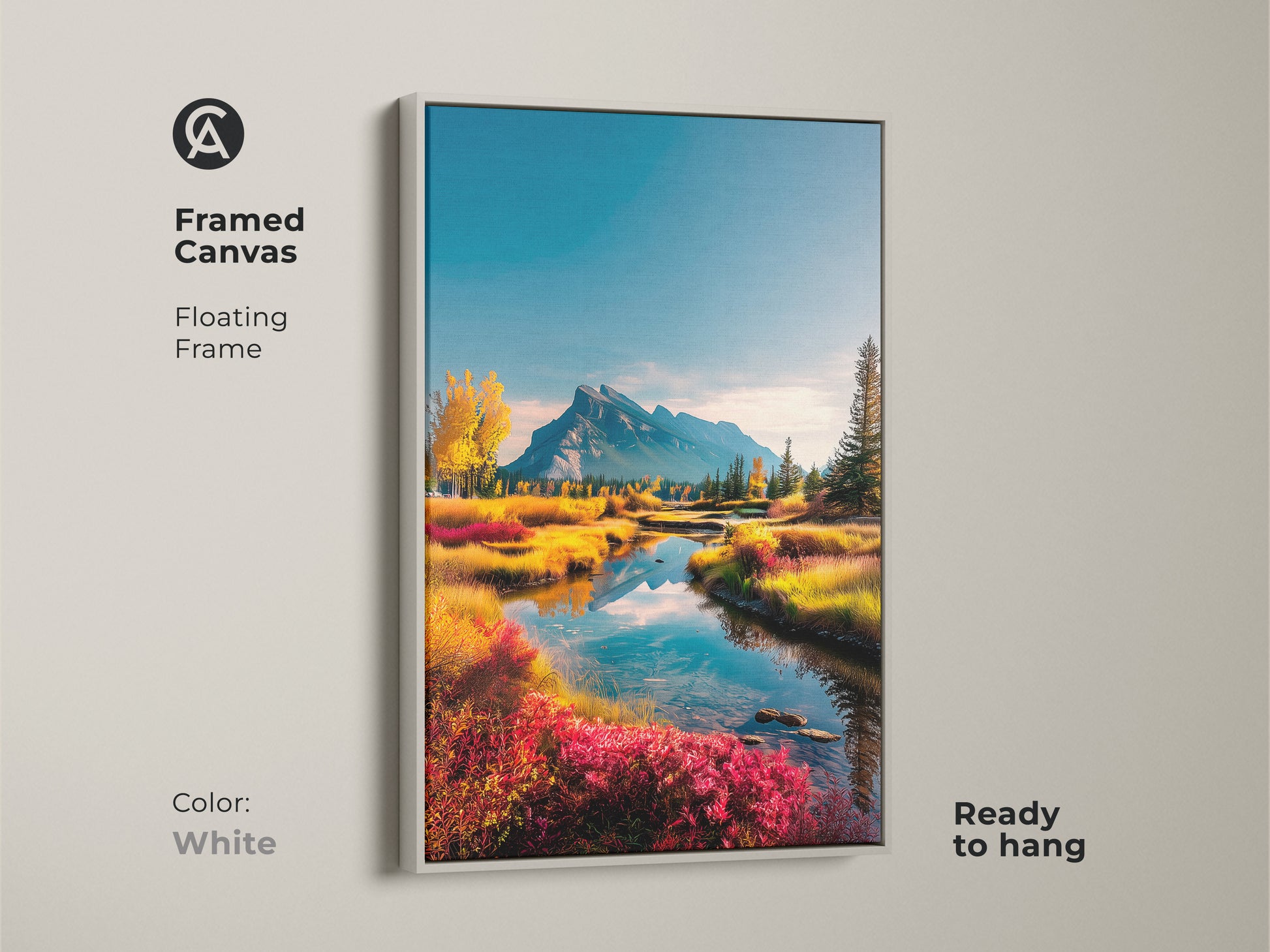 White framed canvas art showcasing a mountain river. The floating frame offers a clean aesthetic. It is ready to hang. A serene landscape artwork to enhance any room's decor.