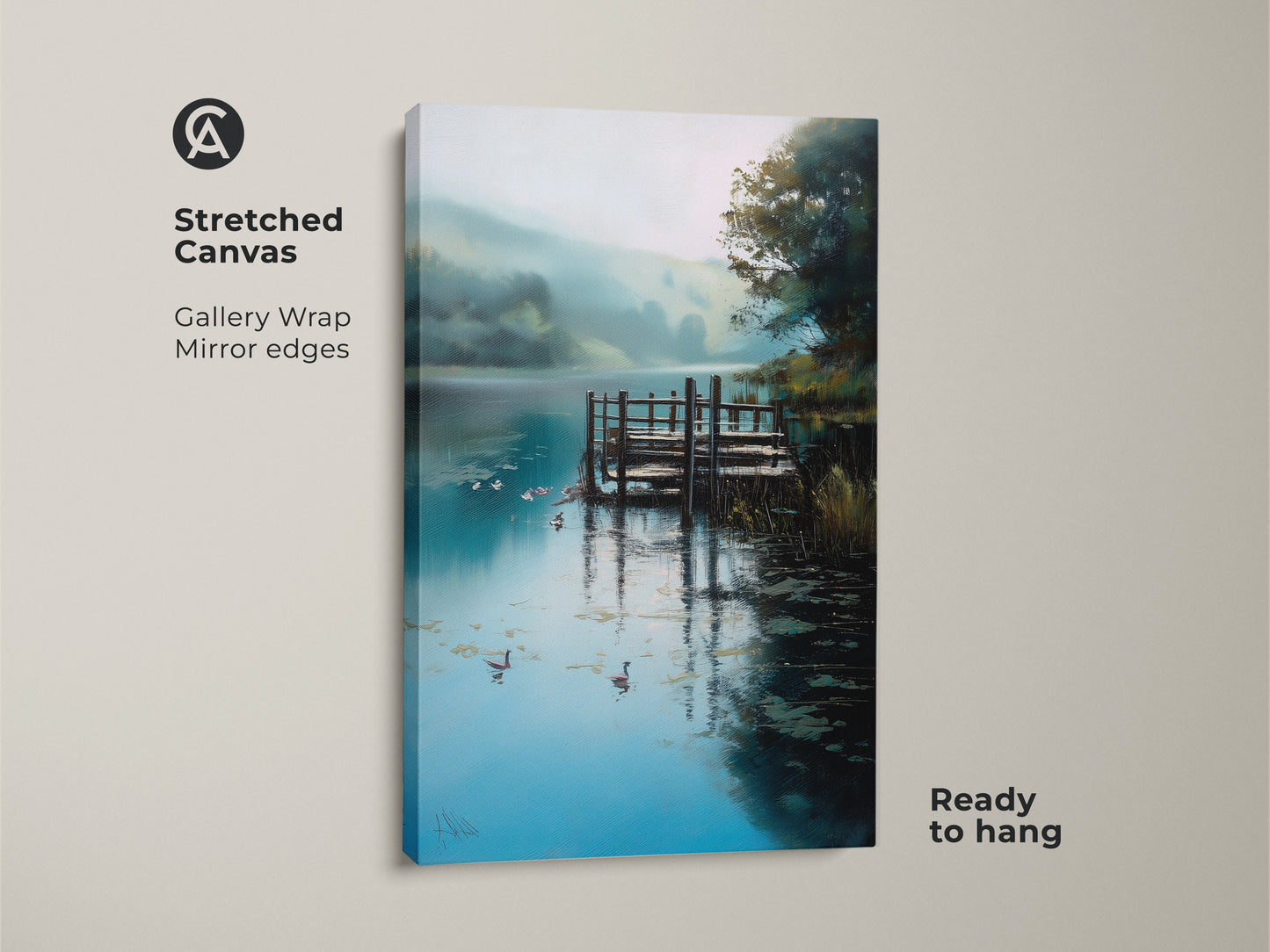 Stretched canvas of rustic lake dock artwork. This impressionistic nature landscape print features geese swimming on a calm lake. The teal blue green nature decor is ready to hang. Perfect peaceful water scene canvas for wildlife bird art lovers.