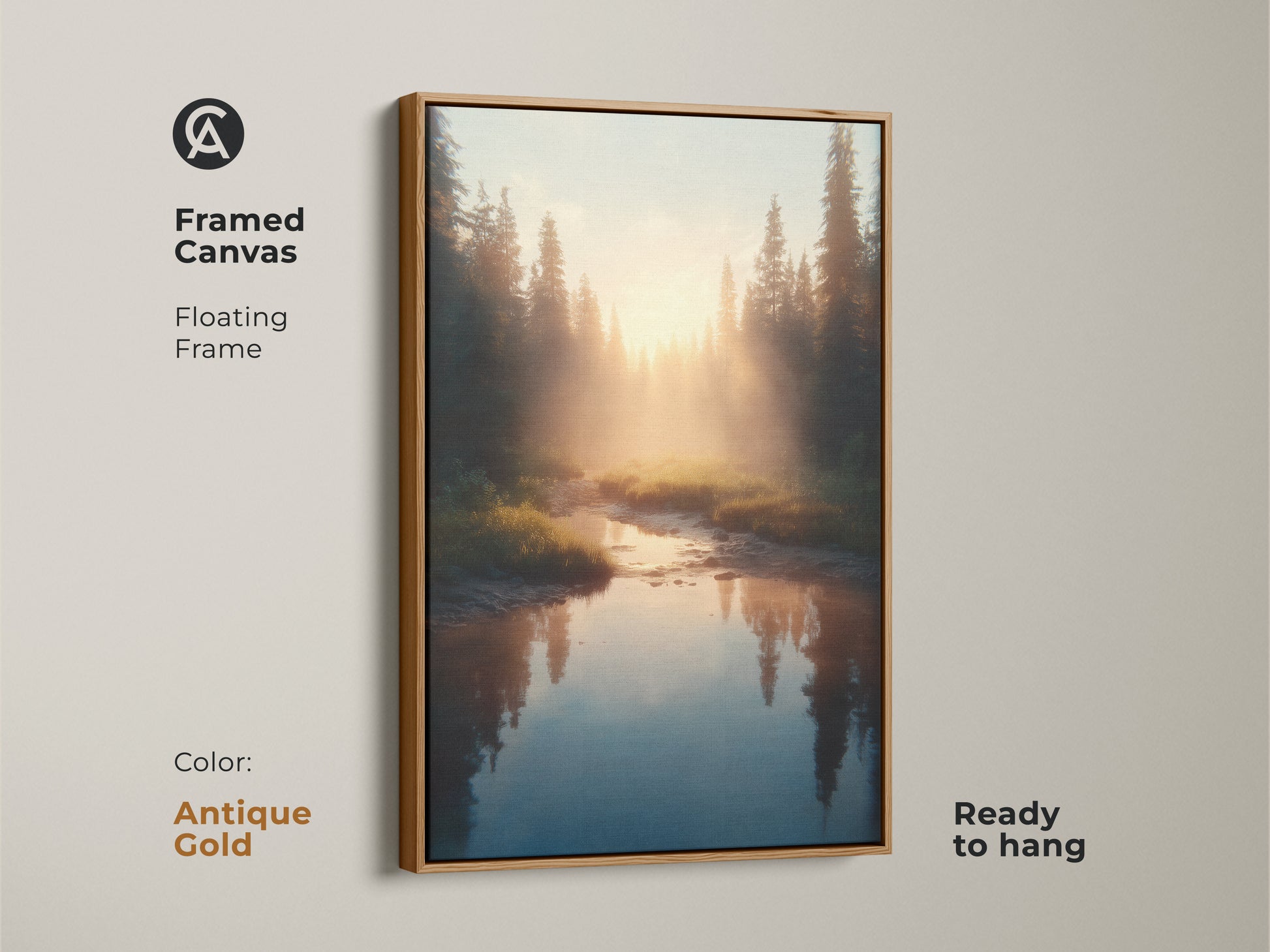 Framed in antique gold this canvas print shows a river at golden hour in a pine forest. Ready to hang the floating frame enhances the Scandinavian artwork. A perfect housewarming gift for him.