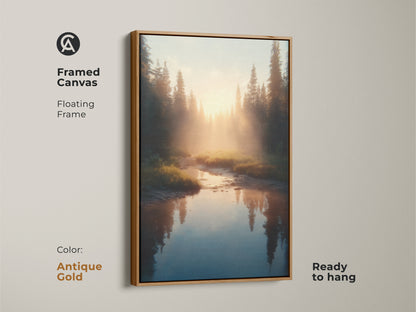 Framed in antique gold this canvas print shows a river at golden hour in a pine forest. Ready to hang the floating frame enhances the Scandinavian artwork. A perfect housewarming gift for him.