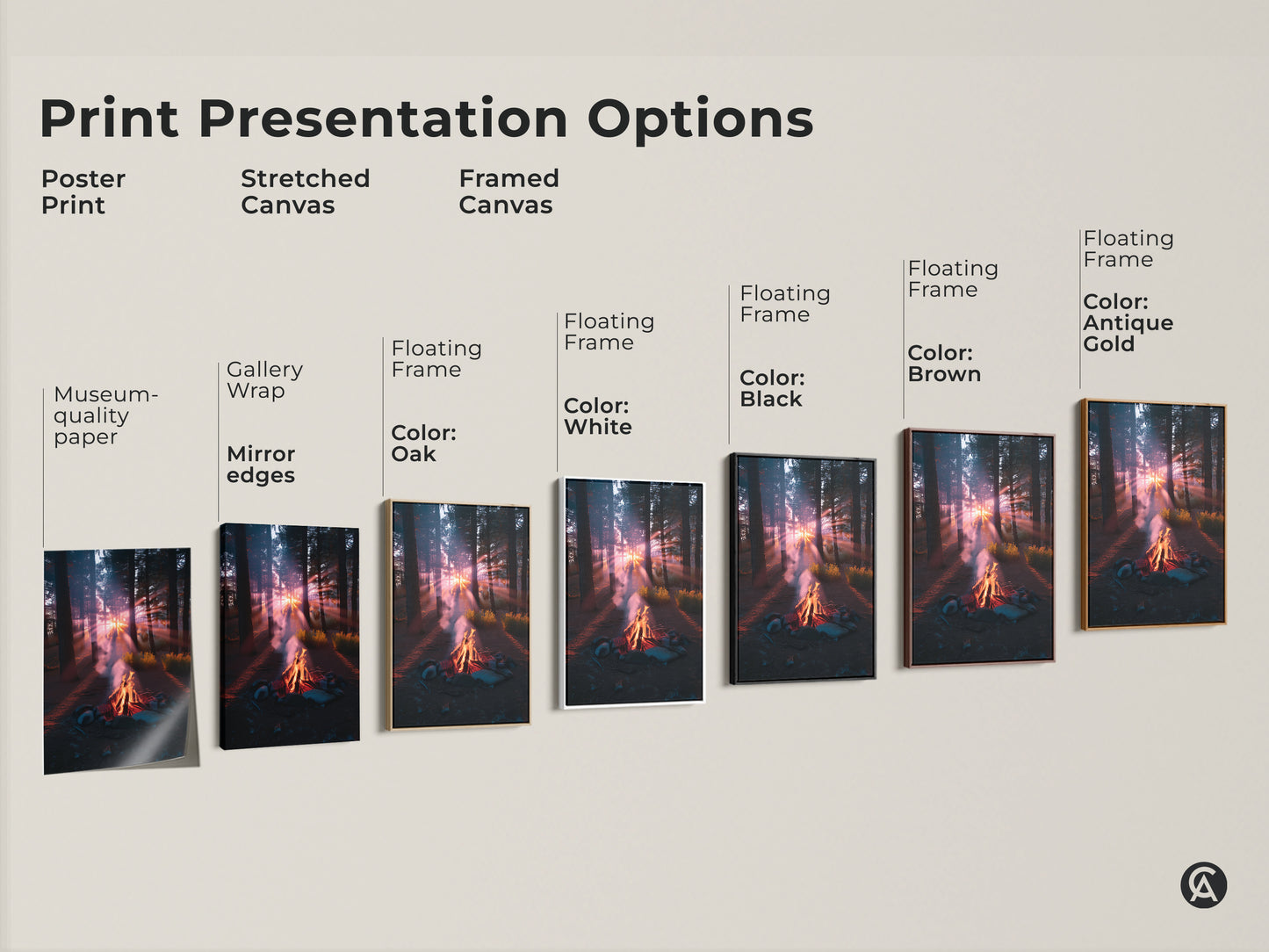 Explore print presentation options for this campfire forest sunset artwork. Choose from poster print stretched canvas or framed canvas. Options include black brown antique gold and white floating frames. Perfect for any home decor style.