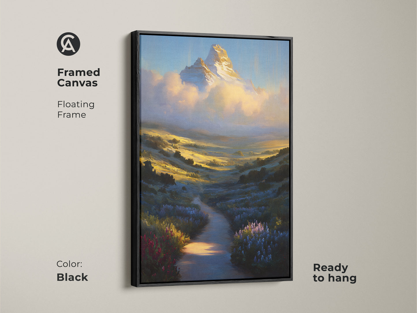 The framed canvas showcases mountain peak art in a floating black frame. Ready to hang this golden yellow landscape print is perfect. Sky blue wildflowers add rustic nature decor to any room. It's a great gift.