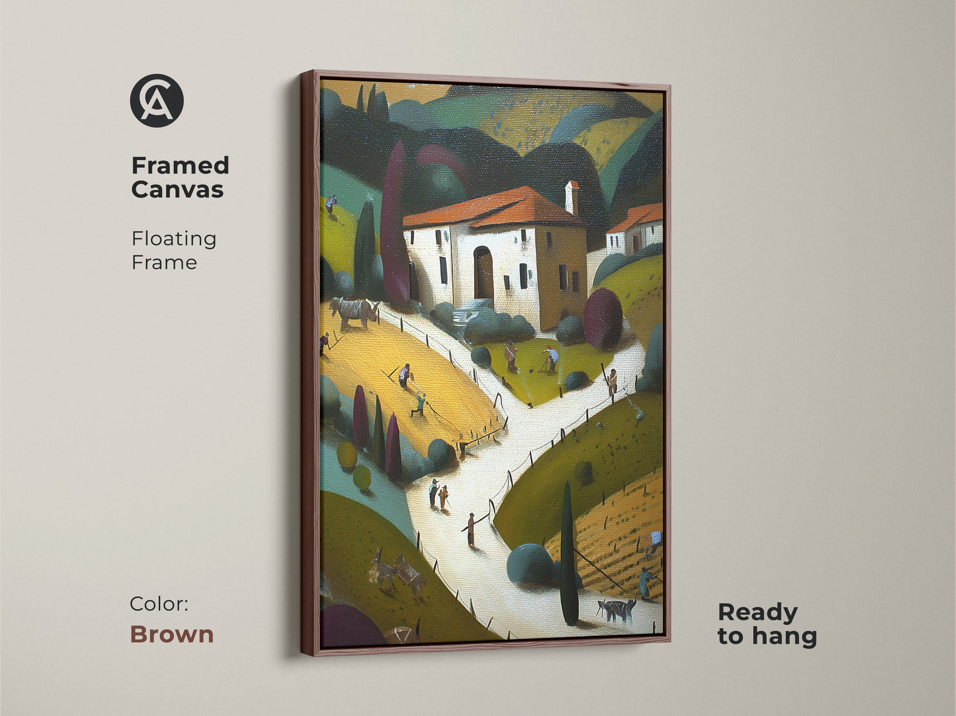 Framed canvas with a floating brown frame displaying folk art farmhouse artwork. The yellow orange green rural art enhances this stylized countryside scene. This pastoral landscape canvas is ready to hang. It is perfect as residential wall decor. A charming piece of art for new homeowners.