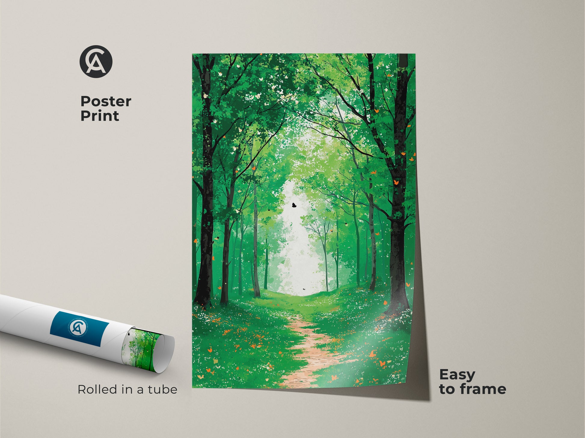 Poster print version of the emerald green forest path art is rolled in a tube. This boho butterfly woodland wall decor is easy to frame. A serene nature landscape adds peace to any space.