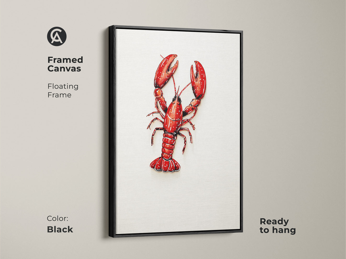 Framed Canvas Red Lobster Artwork in Black Floating Frame. This coastal kitchen wall art is ready to hang. The seafood lover gift print is vibrant. This nautical home decor art is eye-catching. Crimson animal artwork.