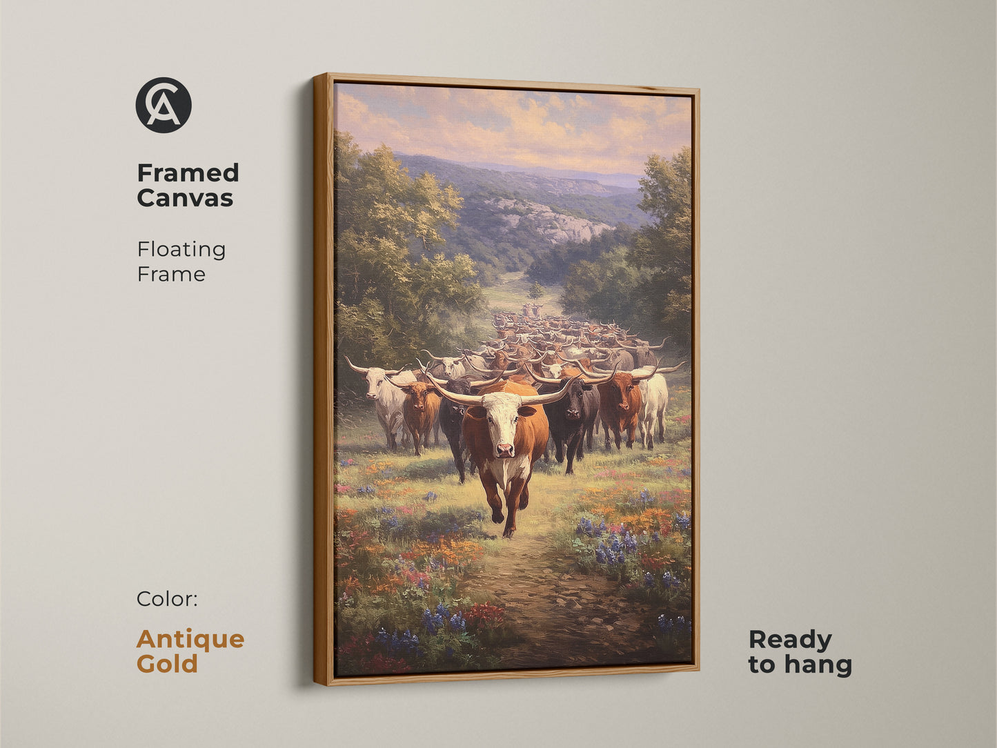 Antique gold framed canvas with longhorn cattle artwork. This western landscape canvas adds rustic charm. Ideal farmhouse decor for any room. Ready to hang with a floating frame. A perfect western lover gift.