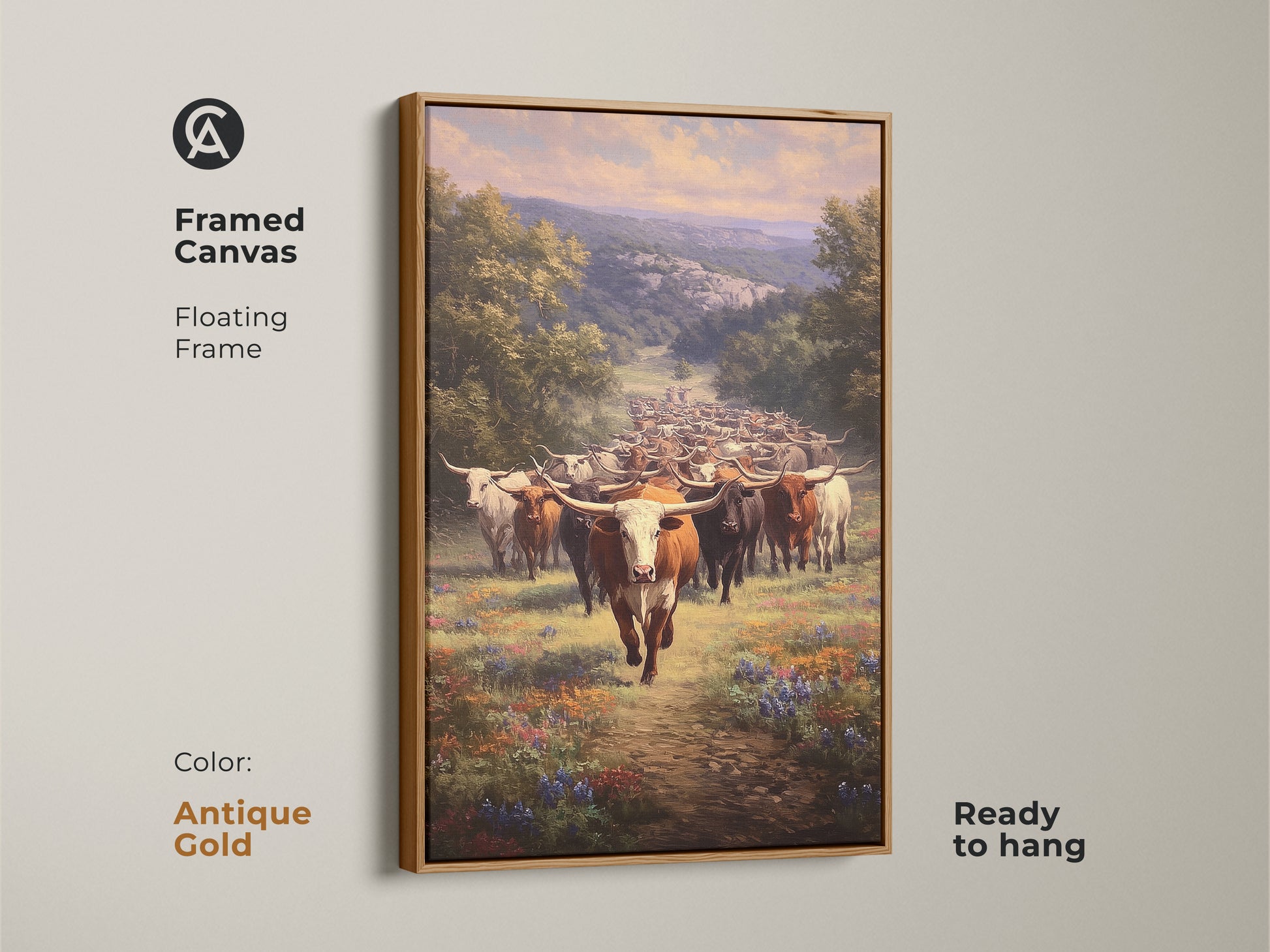 Antique gold framed canvas with longhorn cattle artwork. This western landscape canvas adds rustic charm. Ideal farmhouse decor for any room. Ready to hang with a floating frame. A perfect western lover gift.