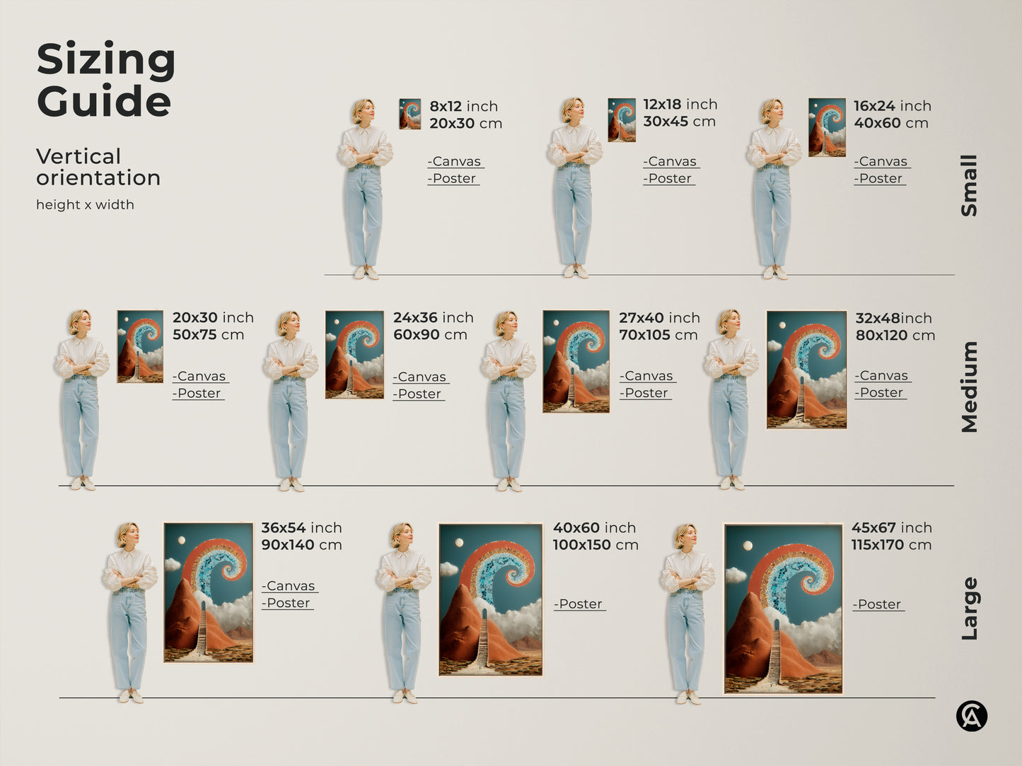 Find the perfect size for your abstract art print. Vertical orientation sizing guide for surreal Stairway to Archway artwork. Available as canvas or poster. Choose from small medium or large sizes. Ideal spiritual decor for eclectic spaces and a thoughtful spiritual seeker gift.