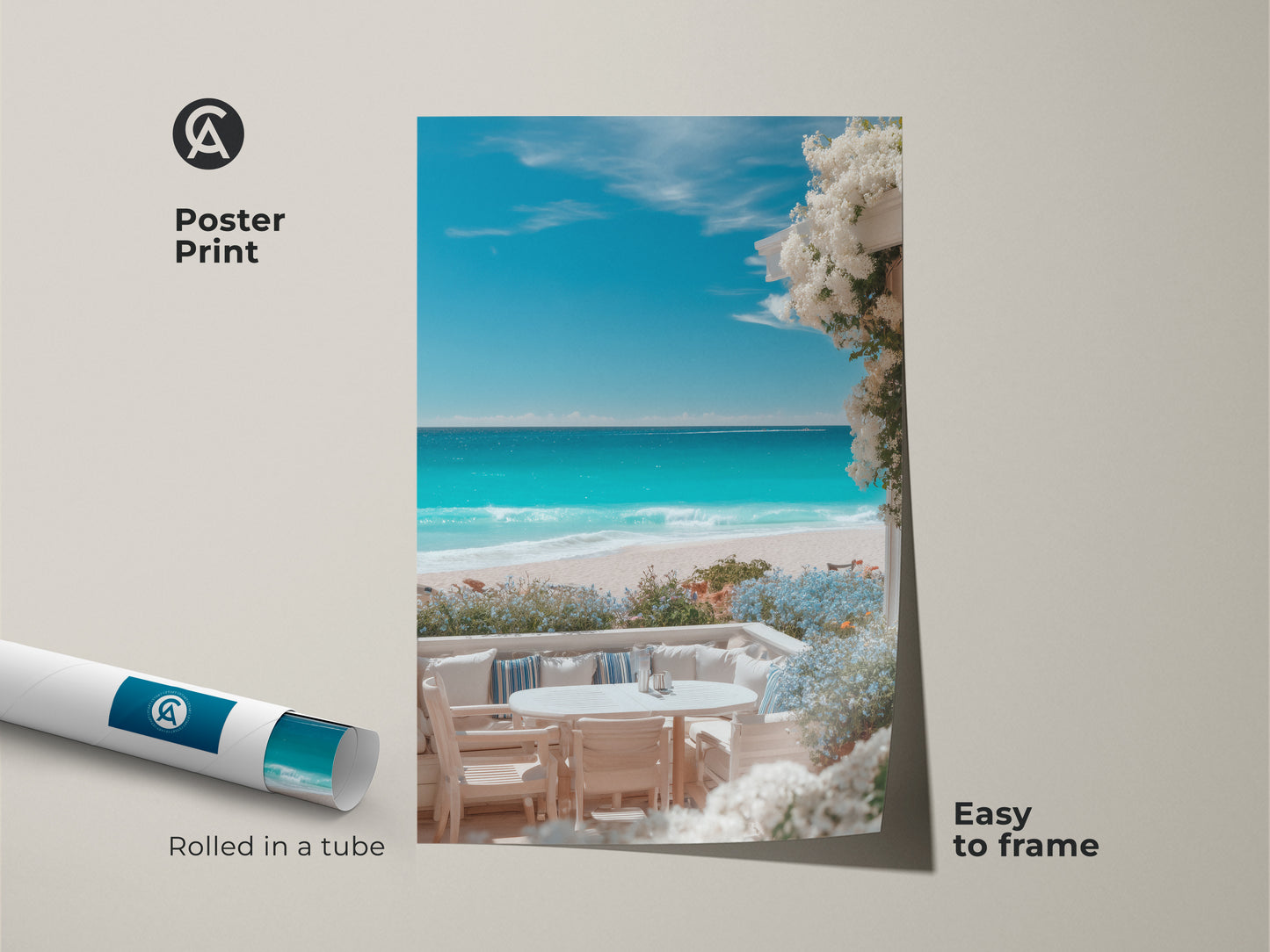 Poster print featuring a tranquil beach setting. Rolled in a tube for easy framing this beach art poster features a view of white sand and turquoise water. Enhance your home decor with this calming beach artwork.