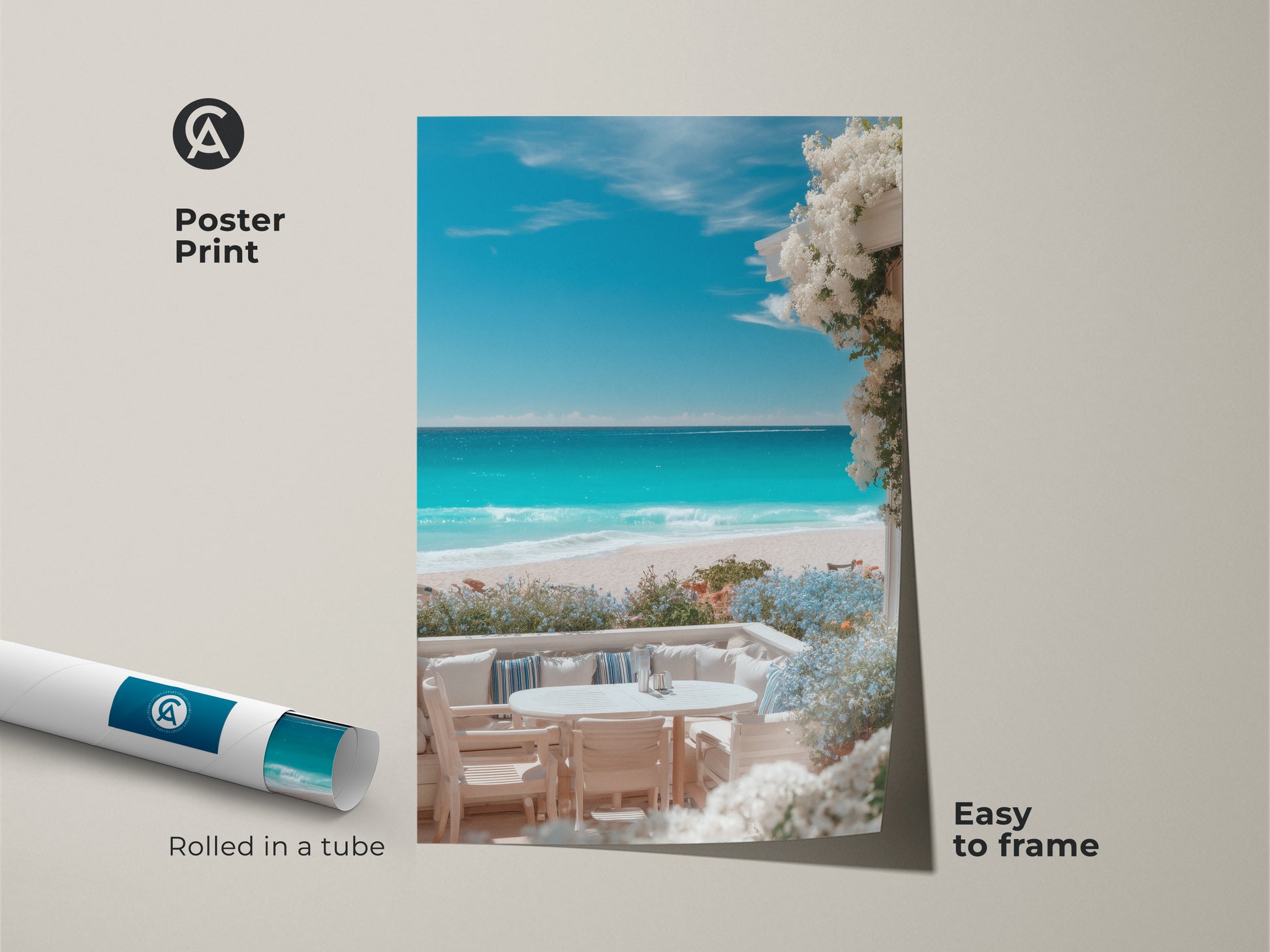 Poster print featuring a tranquil beach setting. Rolled in a tube for easy framing this beach art poster features a view of white sand and turquoise water. Enhance your home decor with this calming beach artwork.