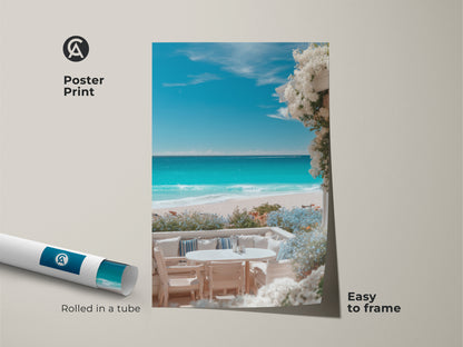 Poster print featuring a tranquil beach setting. Rolled in a tube for easy framing this beach art poster features a view of white sand and turquoise water. Enhance your home decor with this calming beach artwork.
