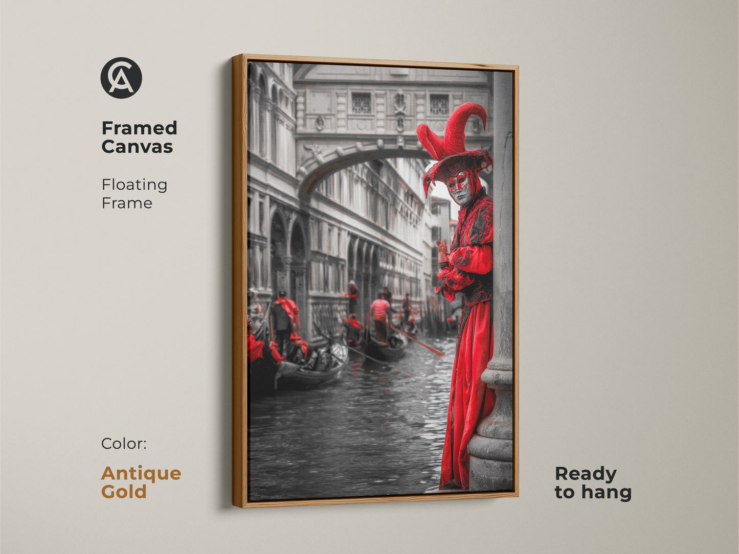 This framed canvas captures Venice charm. The antique gold frame highlights the red accent artwork. It is a Venetian masquerade print. This gondolier art will enhance your cultural event wall decor. Ready to hang.