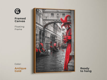 This framed canvas captures Venice charm. The antique gold frame highlights the red accent artwork. It is a Venetian masquerade print. This gondolier art will enhance your cultural event wall decor. Ready to hang.