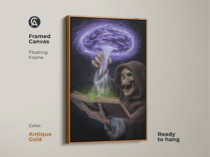 A framed antique gold canvas displays dark fantasy artwork. The piece shows a Grim Reaper with a spellbook. This gothic home decor features purple and green magic. Ready to hang this canvas adds a supernatural touch to a study room or office workspace. It's a perfect Halloween gift.