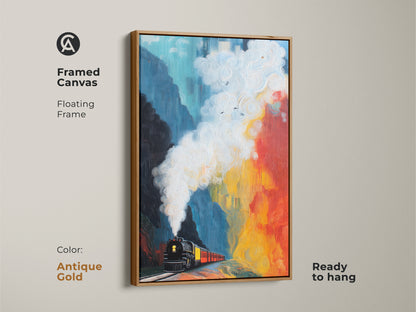 Framed canvas art of an expressive steam train in teal red yellow. The antique gold floating frame enhances this mountain landscape print. Ready to hang it adds eclectic charm and artistic flair to any room.