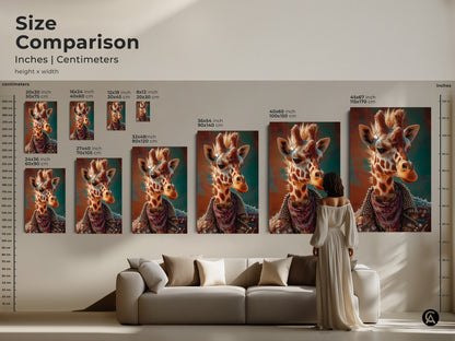 Size comparison of punk giraffe art in inches and centimeters. See how the canvas fits above a sofa. Various sizes available for this poster print. Find the perfect scale for surreal animal art in eclectic spaces. This wildlife art is edgy home decor.