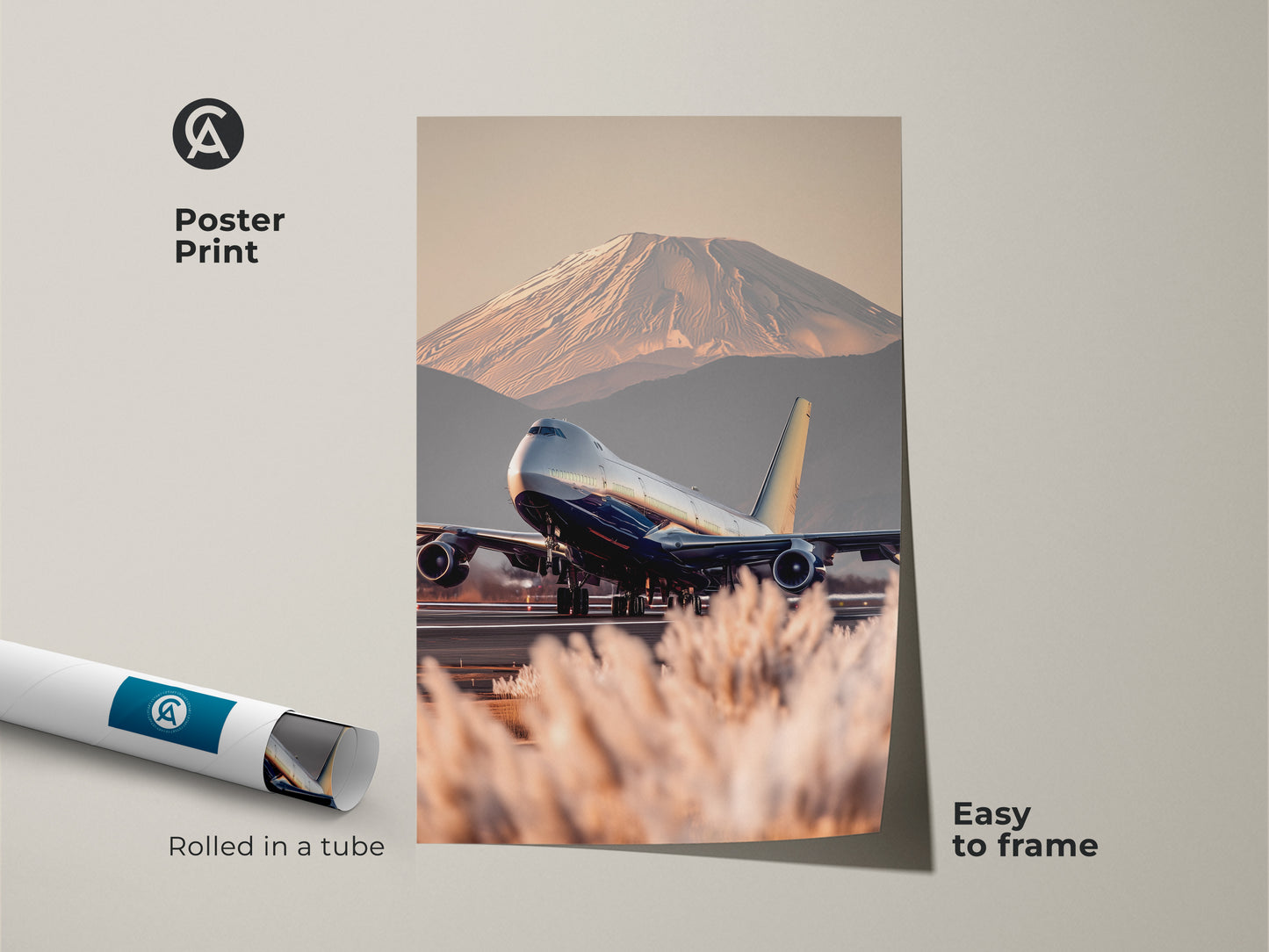 Poster print of a realistic airplane taking off with Mt Fuji in the background. This travel photography art piece is easy to frame and ships rolled in a tube. Contemporary aviation art in blue gold beige. A unique gift idea for travelers. Perfect wanderlust wall decor for your office or entryway.