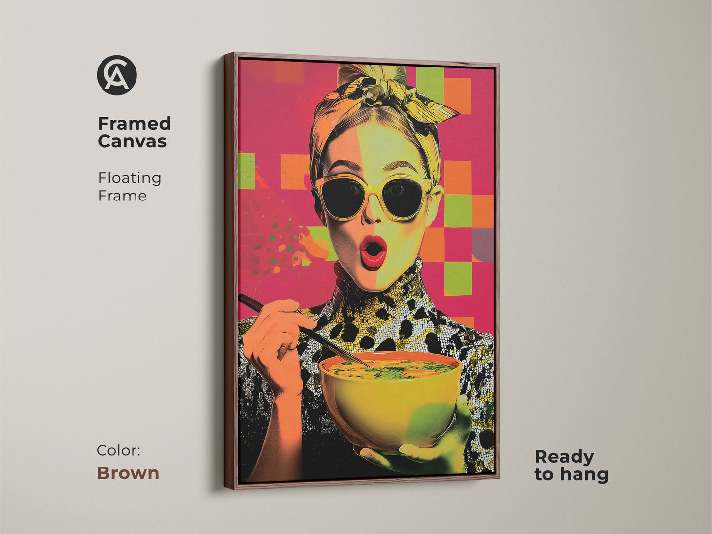 Framed canvas featuring a pop art woman with soup. The floating brown frame enhances this contemporary kitchen wall art. A foodie gift for her with yellow orange and pink abstract elements. This modern woman portrait is ready to hang. It's colorful kitchen decor.