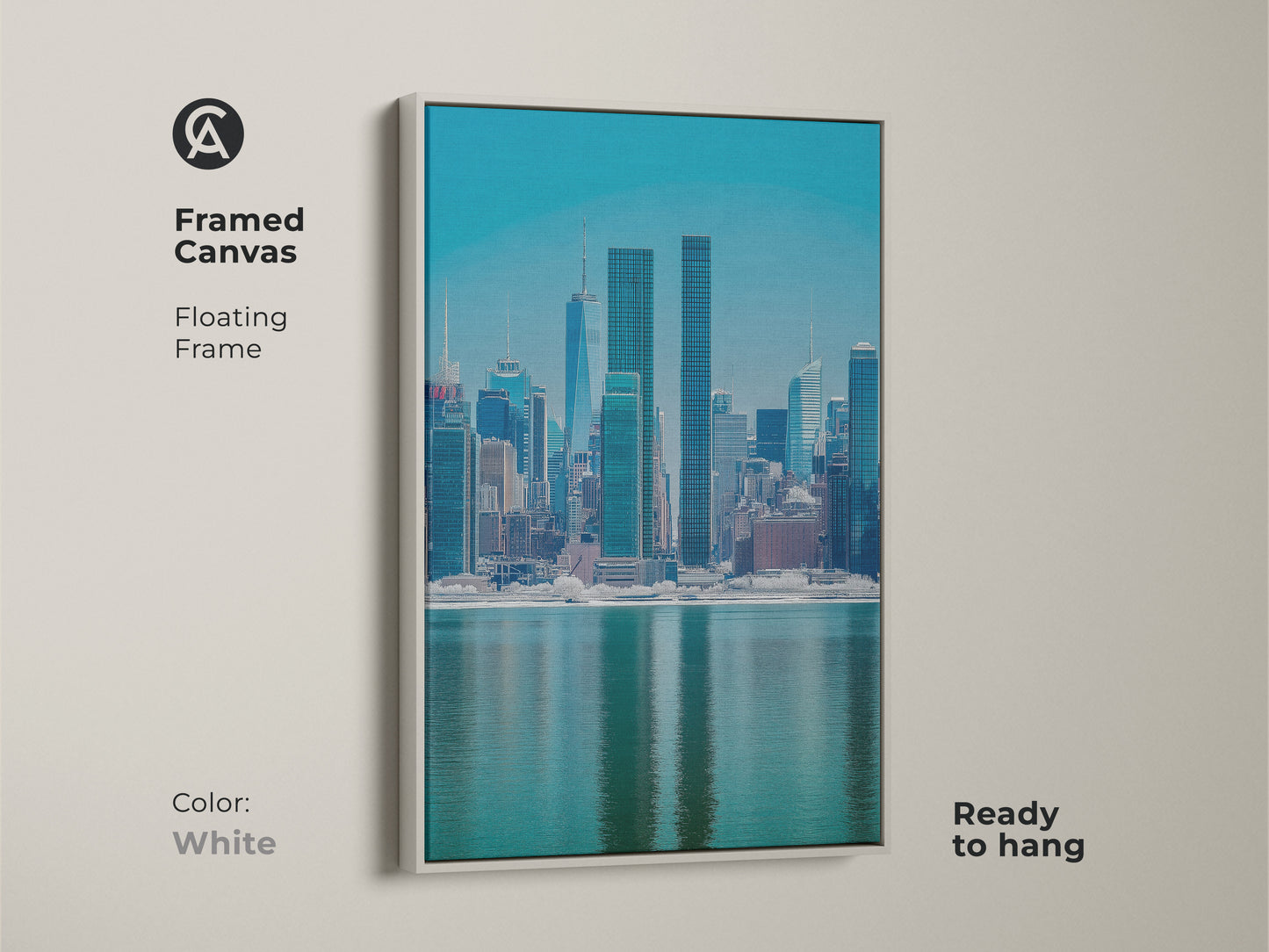 Framed canvas showcasing a blue teal NYC skyline. The white floating frame highlights the contemporary cityscape artwork. This urban waterfront view print is ready to hang and ideal for modern office decor or living room wall art.