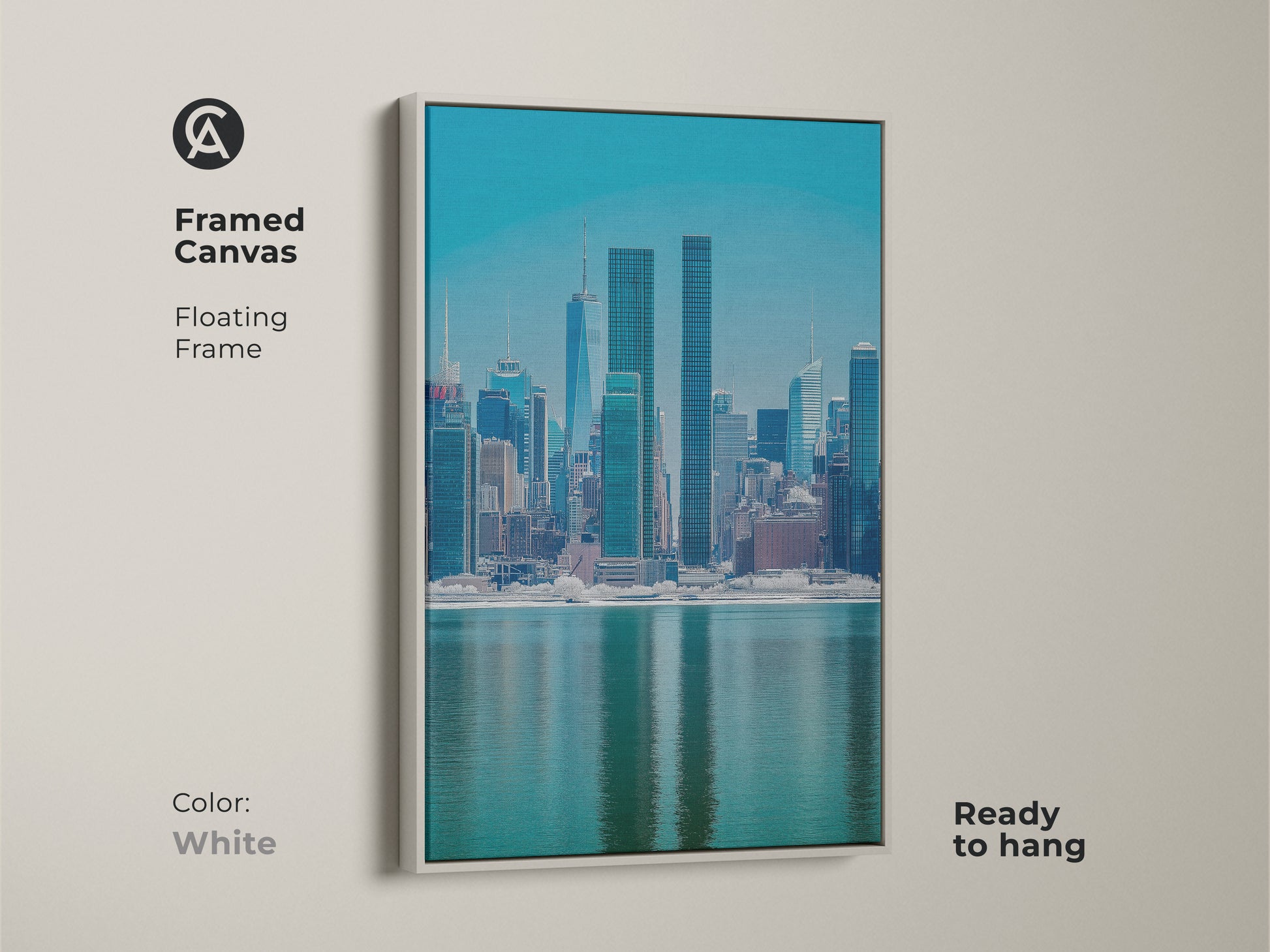 Framed canvas showcasing a blue teal NYC skyline. The white floating frame highlights the contemporary cityscape artwork. This urban waterfront view print is ready to hang and ideal for modern office decor or living room wall art.