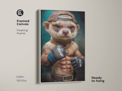 Framed Canvas of a meerkat fighter in a floating white frame. This streetwear animal art is ready to hang. This makes a great modern animal art or boxing animal artwork. It is the perfect office wall decor