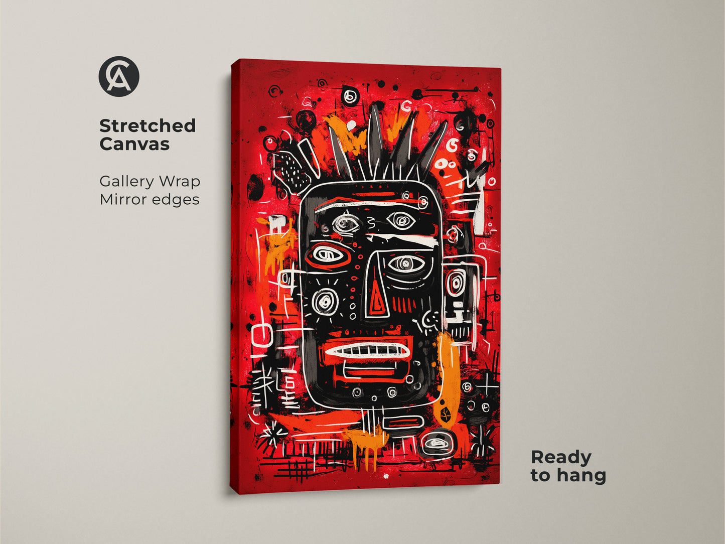 Stunning stretched canvas print showcasing a black faced figure on a red background. This gallery wrapped artwork has mirrored edges offering a seamless look. The bold design and vibrant colors make it a captivating ready to hang addition to your art collection.