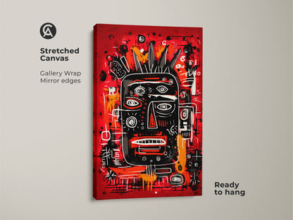 Stunning stretched canvas print showcasing a black faced figure on a red background. This gallery wrapped artwork has mirrored edges offering a seamless look. The bold design and vibrant colors make it a captivating ready to hang addition to your art collection.