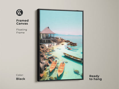 Black framed canvas art capturing a tropical beach scene. Coastal ocean wall art with an aqua blue landscape featuring a seaside hut and boats. Ready to hang this scenic print brings coastal serenity to your living space. Ideal for travel enthusiasts and beach decor.