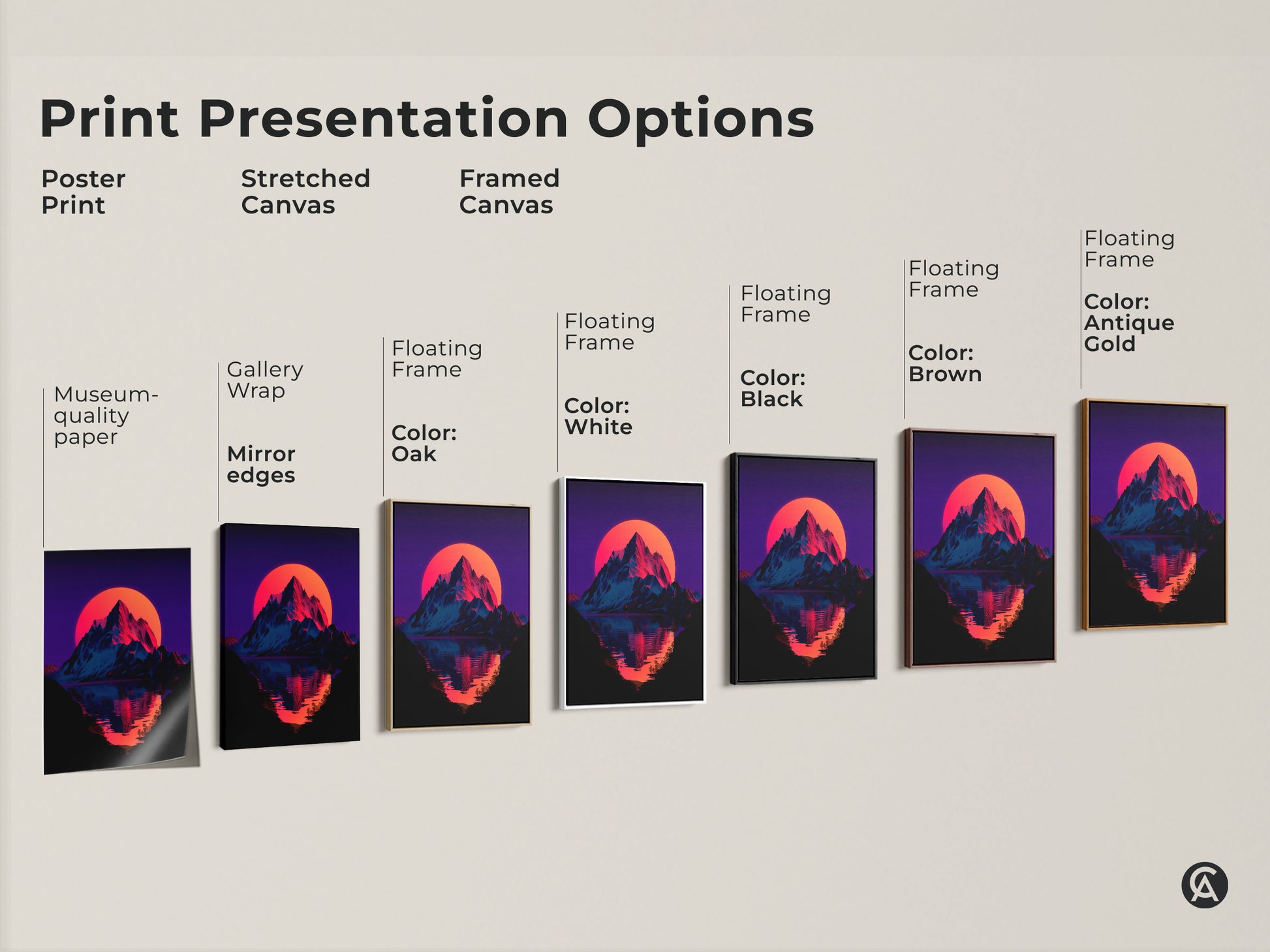 Explore print presentation options with this synthwave mountain sunset art. Choose from poster prints stretched canvas or framed canvas. Each option features museum-quality colors. Enhance your retro decor today.