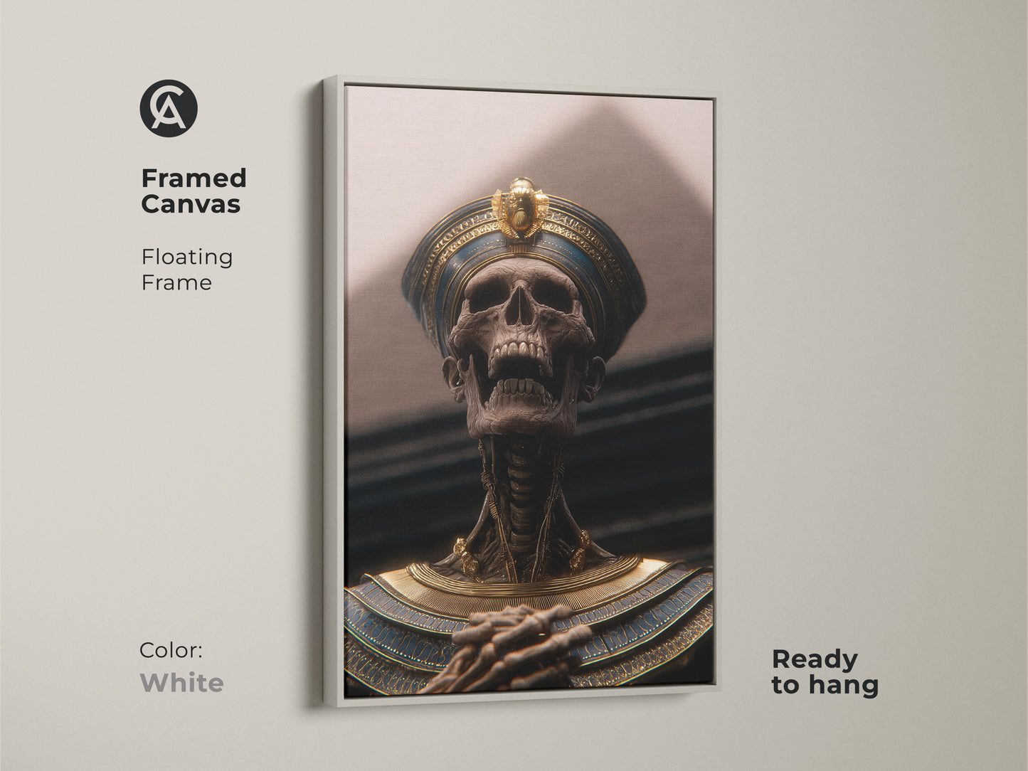 White framed pharaoh skeleton art print. The Ancient Egypt mythology canvas adds Dark Academia to any study. The Gothic style with gold and blue make it ideal for office decor. This ready to hang royal tomb wall art includes a pharaoh skull poster for a unique man cave art.