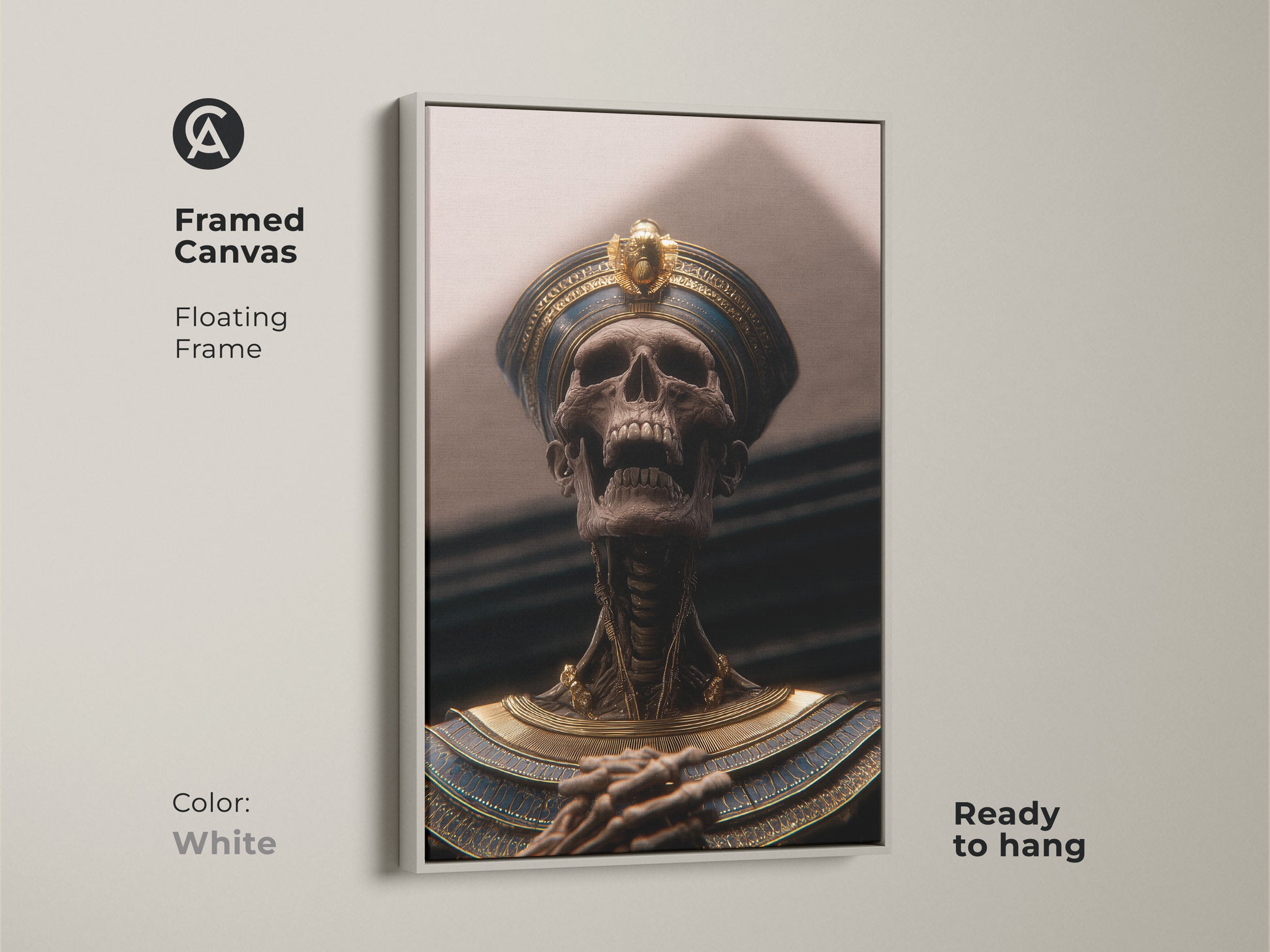White framed pharaoh skeleton art print. The Ancient Egypt mythology canvas adds Dark Academia to any study. The Gothic style with gold and blue make it ideal for office decor. This ready to hang royal tomb wall art includes a pharaoh skull poster for a unique man cave art.