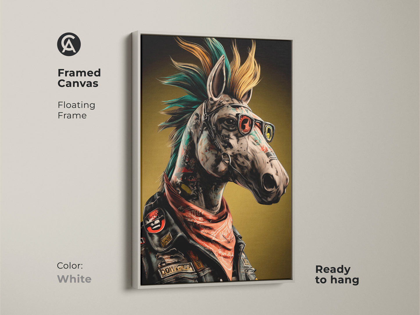 A Neo-Punk Horse canvas framed in white. This surreal animal wall art is eclectic home decor. Its a punk rock fan gift that is ready to hang. A unique birthday gift. Consider cool office artwork or edgy living room art for a rebellious vibe.