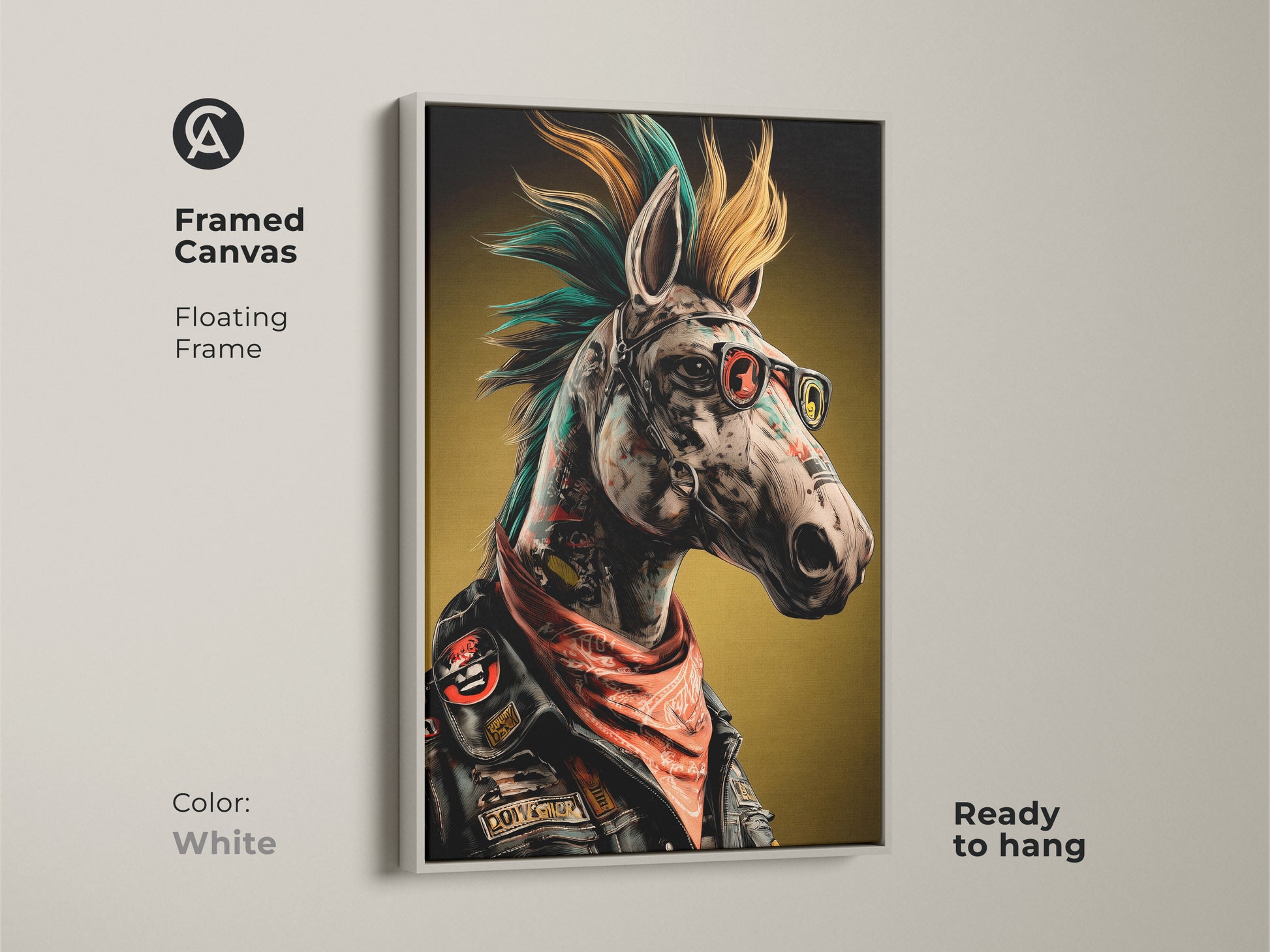 A Neo-Punk Horse canvas framed in white. This surreal animal wall art is eclectic home decor. Its a punk rock fan gift that is ready to hang. A unique birthday gift. Consider cool office artwork or edgy living room art for a rebellious vibe.
