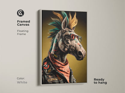 A Neo-Punk Horse canvas framed in white. This surreal animal wall art is eclectic home decor. Its a punk rock fan gift that is ready to hang. A unique birthday gift. Consider cool office artwork or edgy living room art for a rebellious vibe.