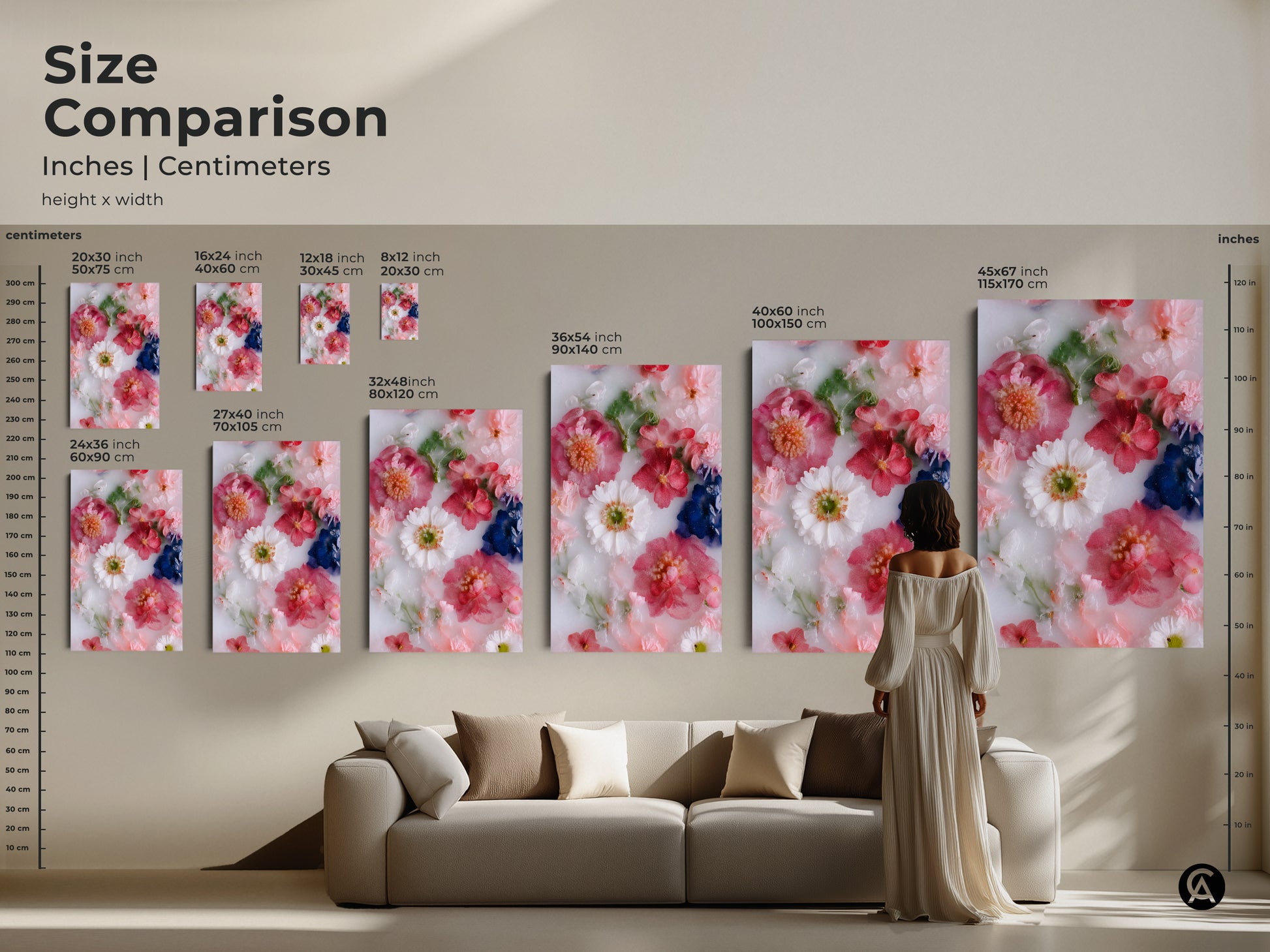 Size comparison of modern botanical art prints showcasing pink and white flowers. See how different sizes of canvas and poster art fit within your living space. Find the perfect minimalist floral decor for your bedroom or living room. Transform your home with elegant flower art.