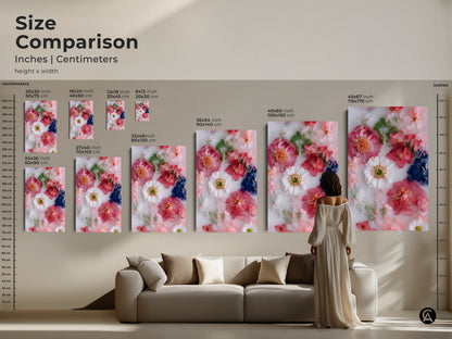 Size comparison of modern botanical art prints showcasing pink and white flowers. See how different sizes of canvas and poster art fit within your living space. Find the perfect minimalist floral decor for your bedroom or living room. Transform your home with elegant flower art.