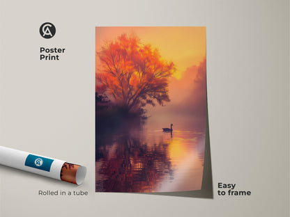 This poster print features a calming lake with a swan at sunset. The fiery tree reflects in the water. It arrives rolled in a tube for easy framing. This museum-quality paper art is perfect for creating a serene ambiance. Discover our affordable art prints today.