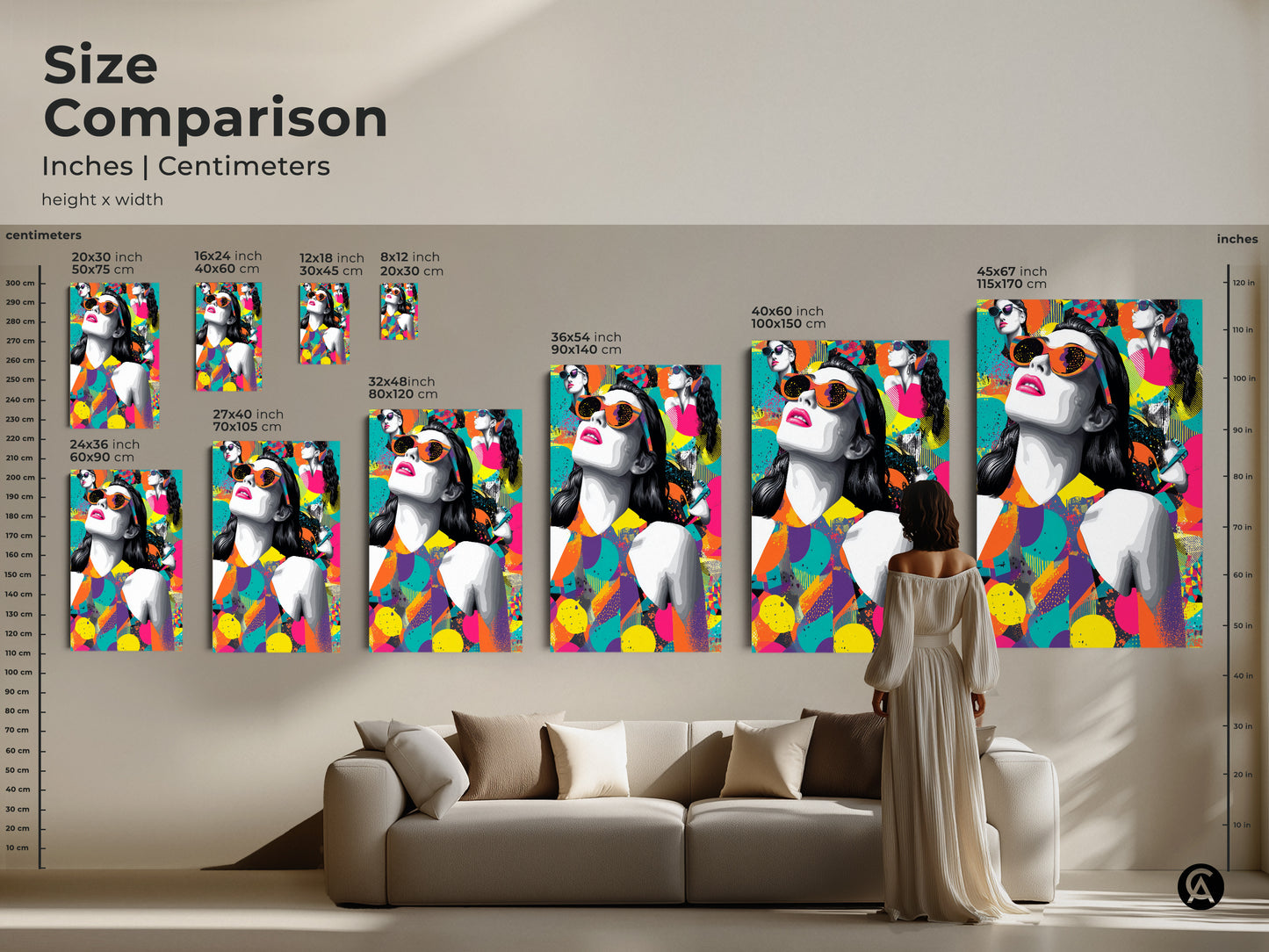 Size comparison of the pop art woman canvas print. See how different sizes look in a living room setting. The eclectic abstract art features magenta orange and teal colors. It's a stylish home decor choice.