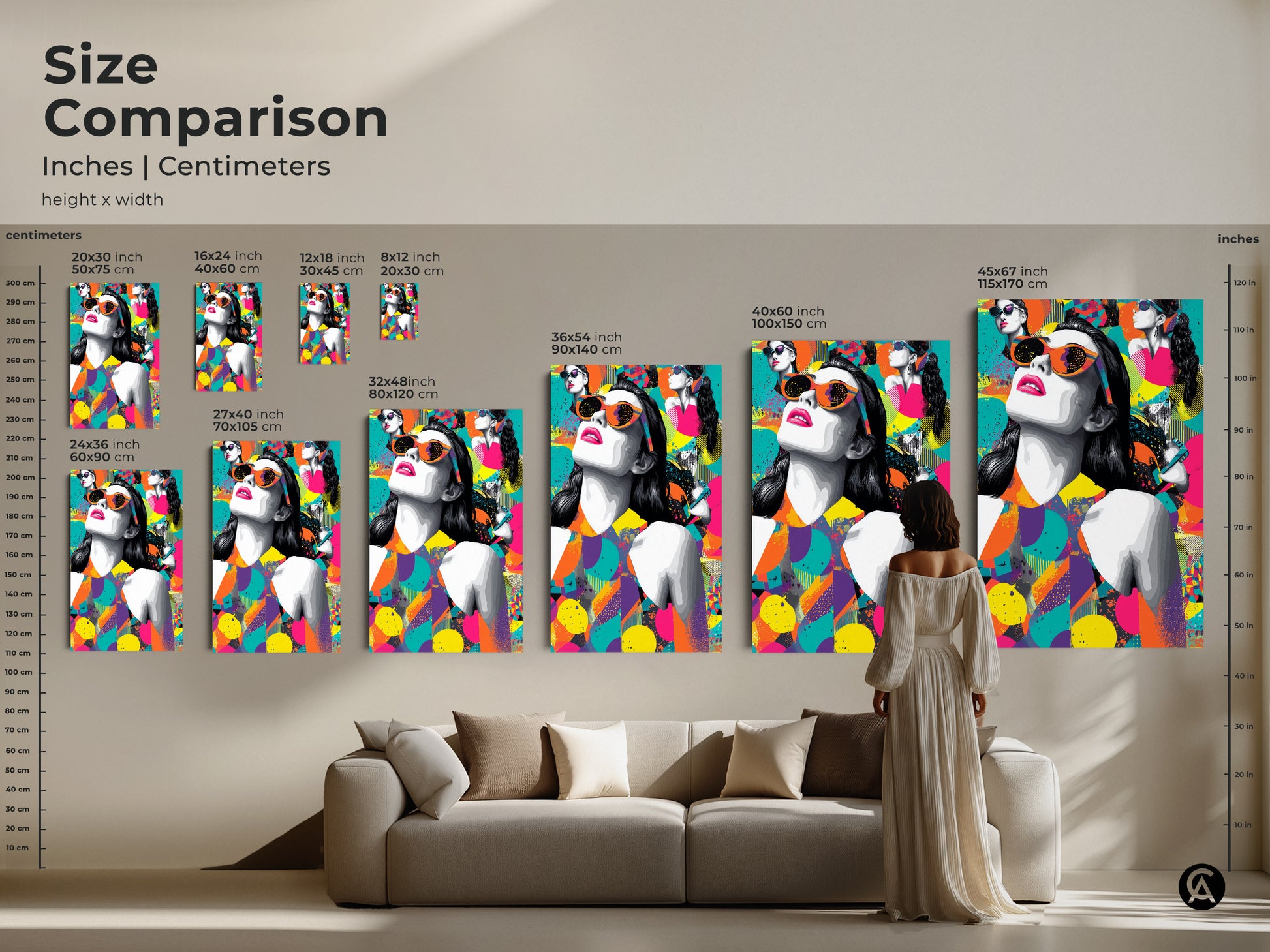 Size comparison of the pop art woman canvas print. See how different sizes look in a living room setting. The eclectic abstract art features magenta orange and teal colors. It's a stylish home decor choice.