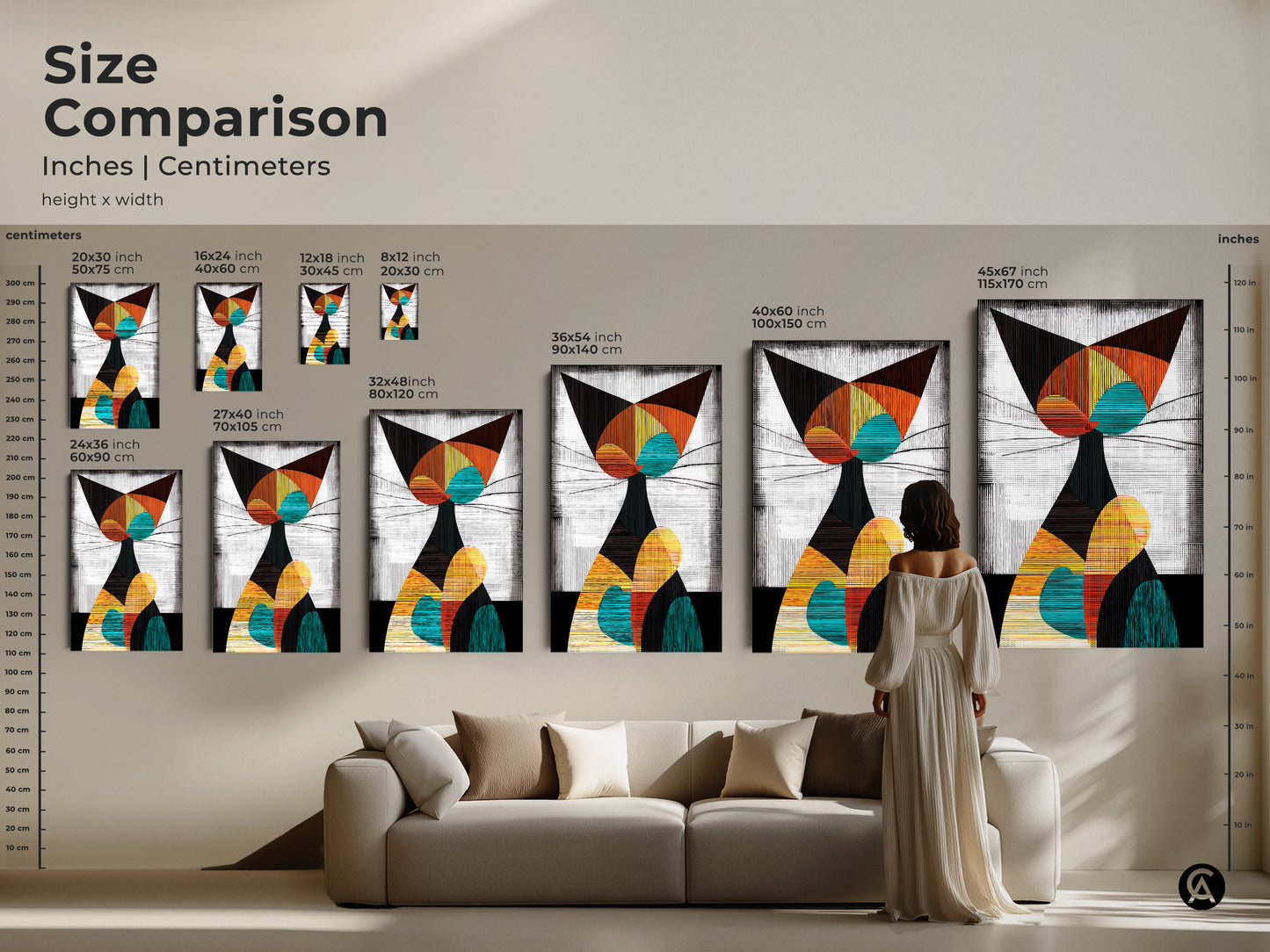 Size comparison of abstract geometric cat art in inches and centimeters. Various sizes displayed above a sofa. Teal orange and yellow mid century modern cat art.