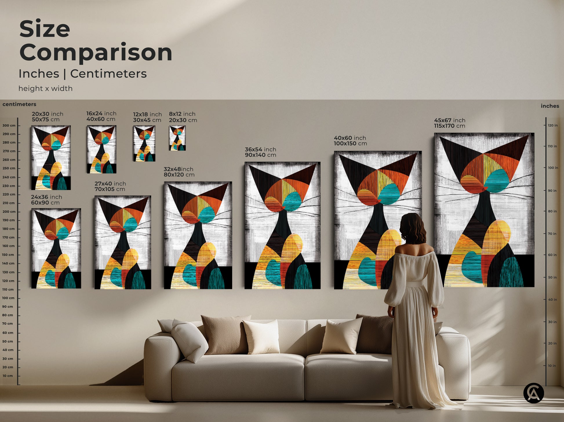 Size comparison of abstract geometric cat art in inches and centimeters. Various sizes displayed above a sofa. Teal orange and yellow mid century modern cat art.