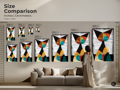 Size comparison of abstract geometric cat art in inches and centimeters. Various sizes displayed above a sofa. Teal orange and yellow mid century modern cat art.