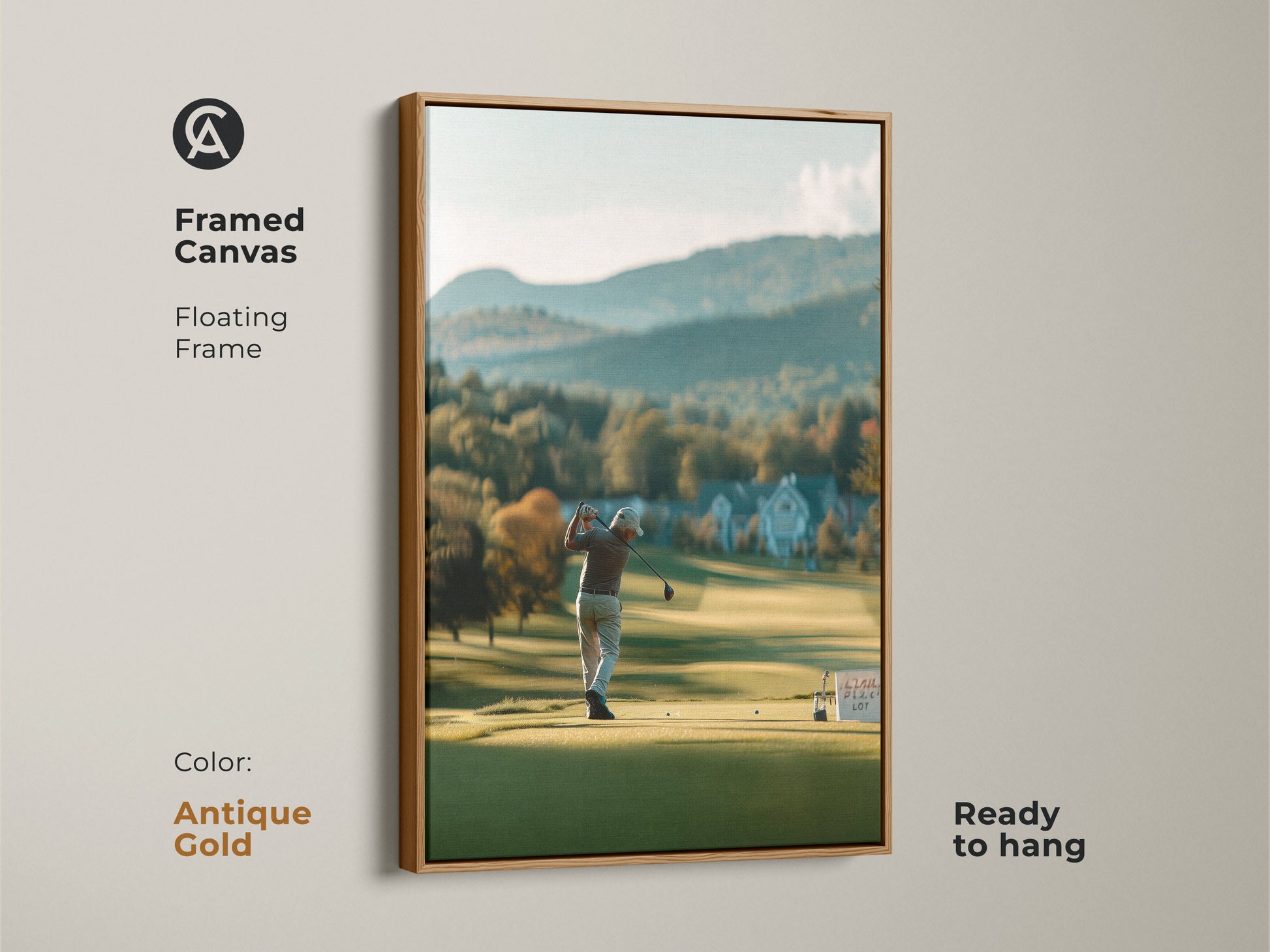 Elevate your home with framed canvas art. An antique gold floating frame highlights the scenic golf course. This ready to hang artwork brings timeless charm to any room. Ideal for golf enthusiasts.