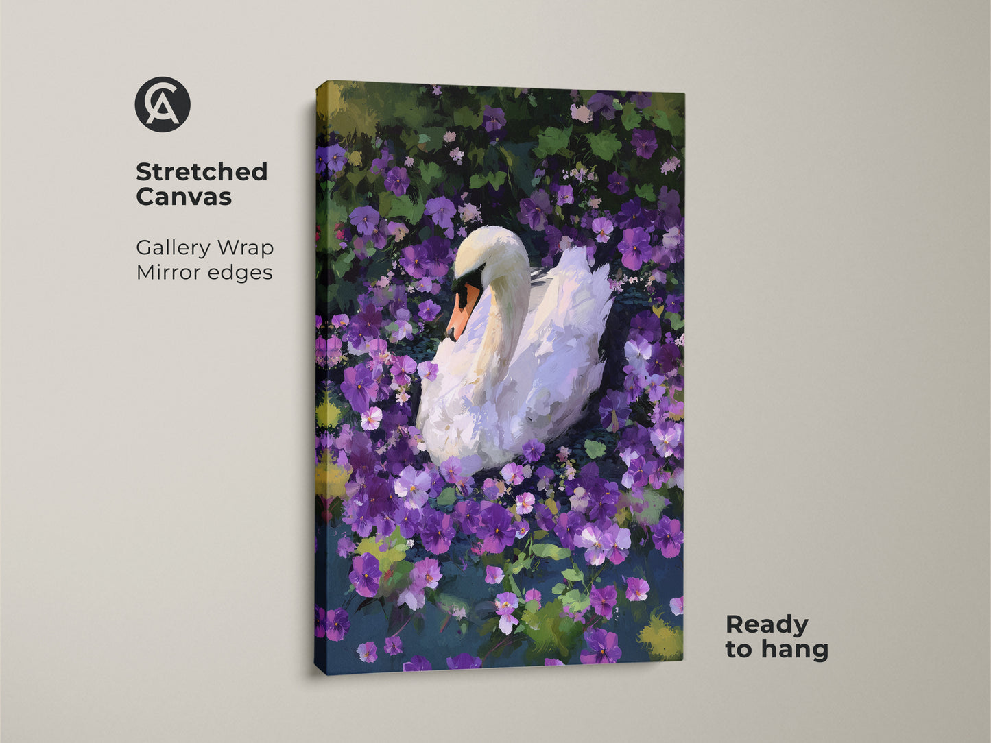 This is a stretched canvas art print of a white swan. The swan is nestled among vibrant purple flowers. This painterly animal artwork brings nature indoors. It makes a thoughtful gift for nature lovers. The gallery-wrapped canvas is ready to hang.