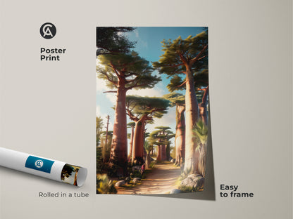 Poster print displays a boho baobab tree art of an African savanna landscape. Earthy tones nature art enhances any room. This scenic forest print with a green blue sky is easy to frame. It's an ideal travel-inspired housewarming gift.
