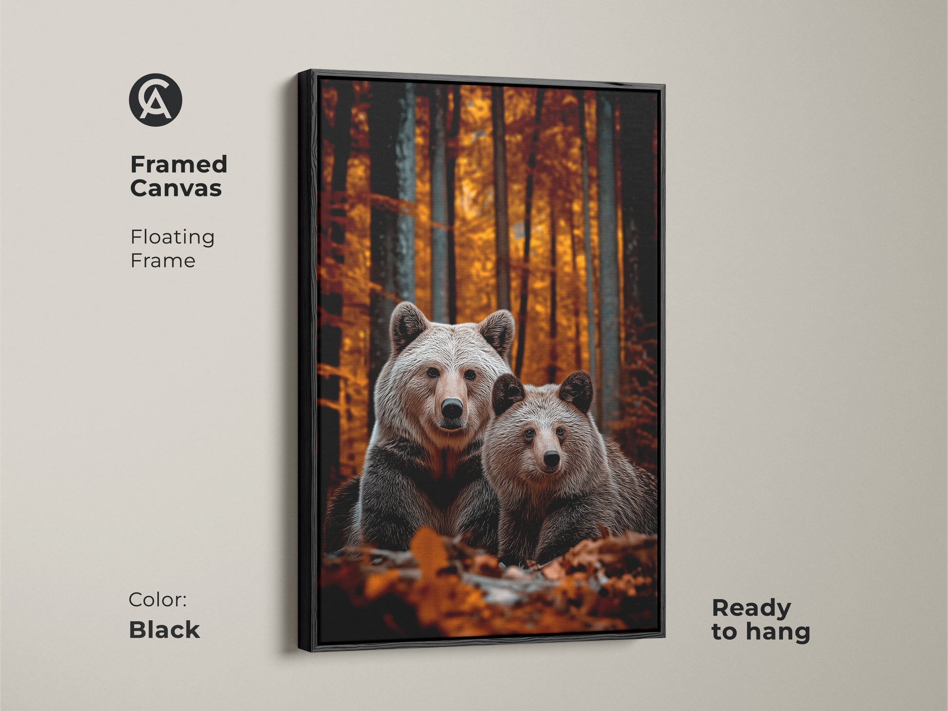 Black framed canvas with realistic bear family art. Floating frame design is ready to hang. Add rustic wildlife decor to your bedroom or living room. The autumn forest art is warm cozy and inviting. A perfect housewarming gift for nature enthusiasts. The color is Black
