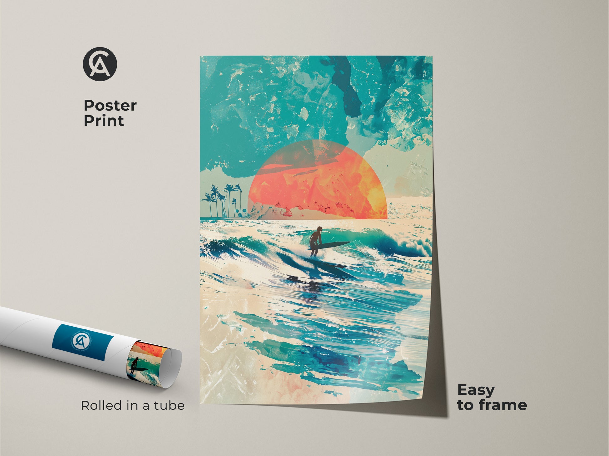 This poster print features a stunning surf art. A surfer catches a wave under a colorful sunset. Palm trees line the distant shore. The print is rolled in a tube for easy framing. Bring the ocean's beauty into your space with this easy-to-frame poster.
