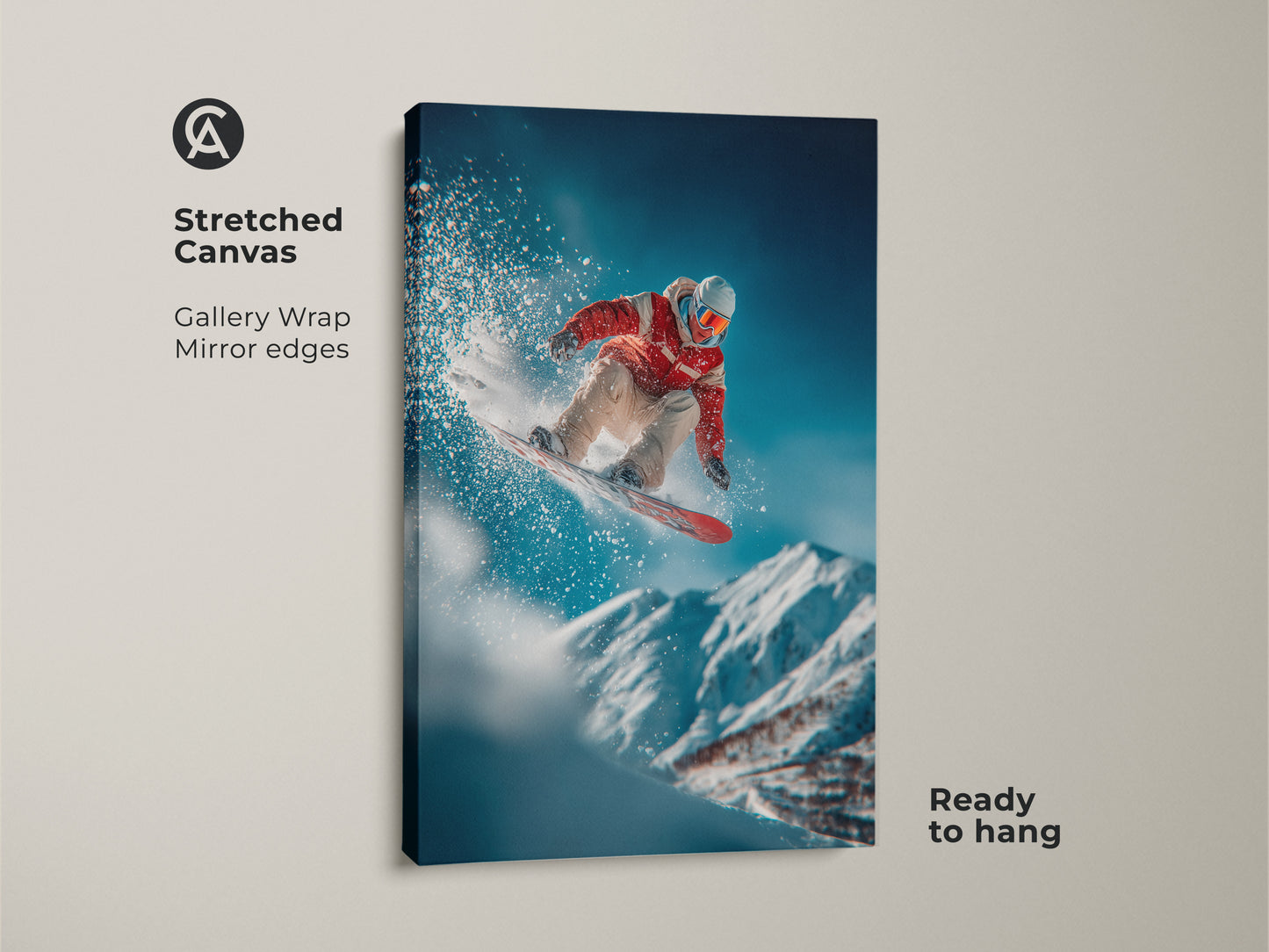 A snowboarder soars in this stretched canvas art. The gallery wrap with mirror edges creates a modern look. Ready to hang this canvas brings an adventurous spirit to your home. A perfect piece for action art lovers.