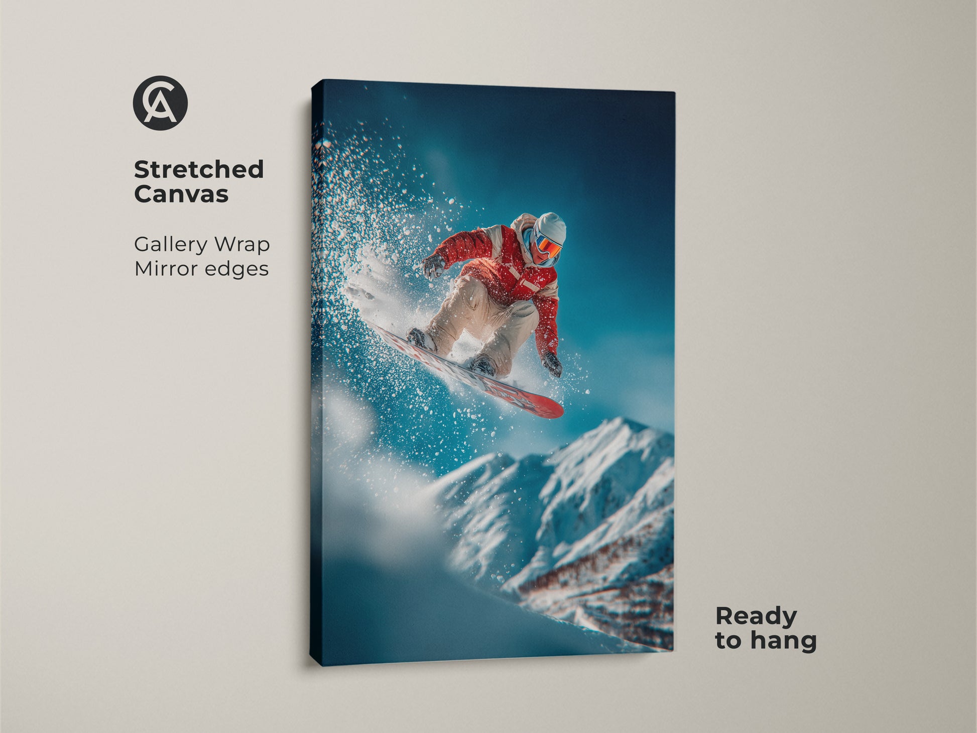 A snowboarder soars in this stretched canvas art. The gallery wrap with mirror edges creates a modern look. Ready to hang this canvas brings an adventurous spirit to your home. A perfect piece for action art lovers.
